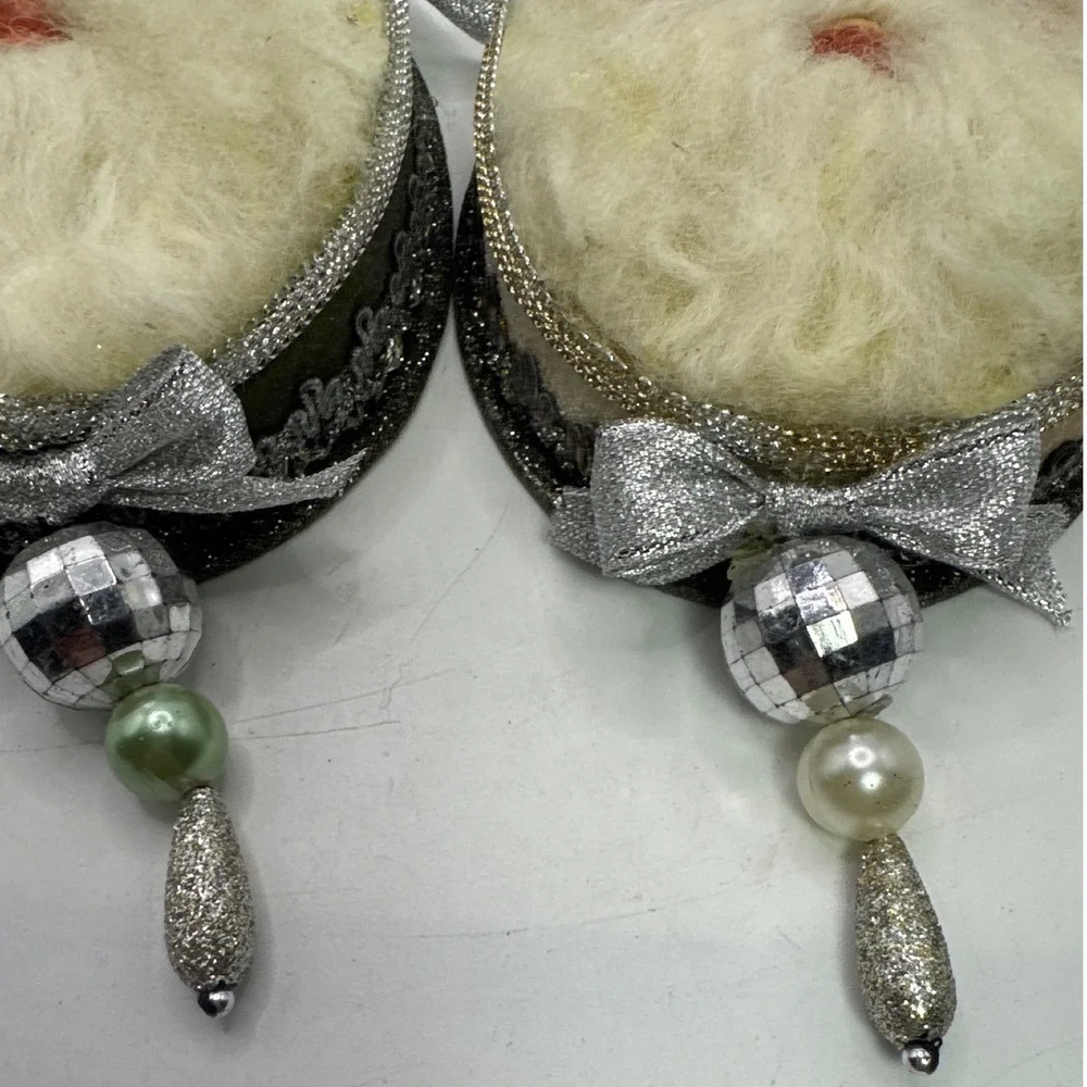 Vintage Santa Claus Head Ornaments‎ Pair Silver Glitter Disco Ball Faux Fur 2pc